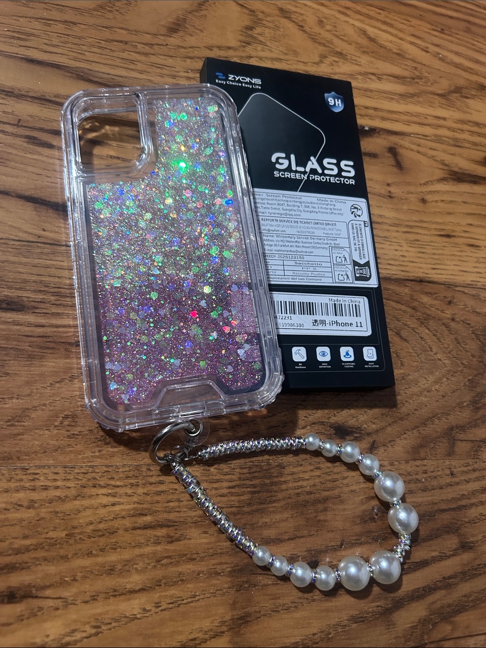 Pink Glitter iPhone 11 Case 2 Screen Protector & Charm Wristlet